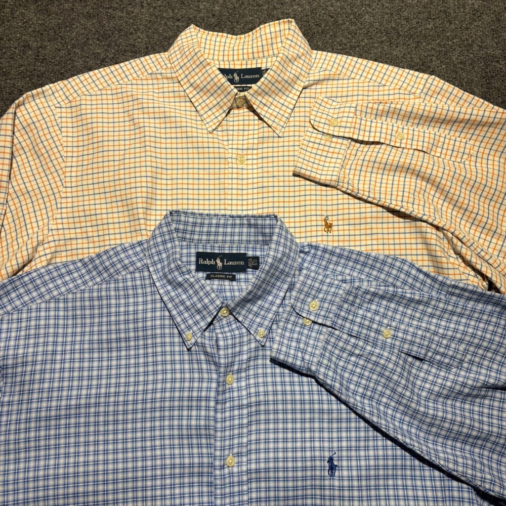 Lot of 2 Ralph Lauren Mens Classic Fit Plaid Button Down Shirts Blue Orange XL